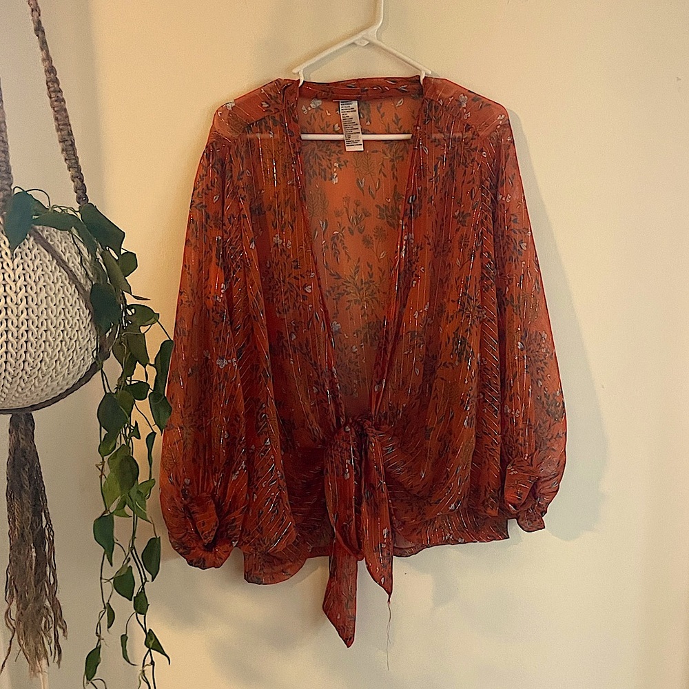 Free People Rust Orange Sheer Floral Tie-Front Blouse
